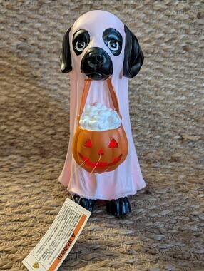 New Pink Puppy Dog In Ghost Costume Holding A Light Up Pumpkin Halloween Decor